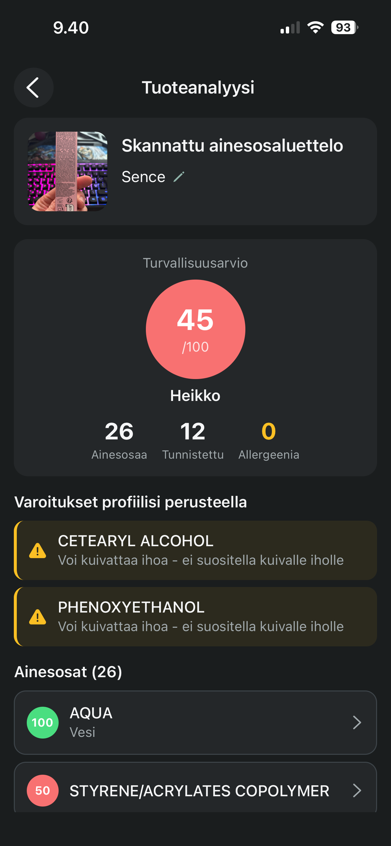 Kauneustuotteiden INCI-analyysi