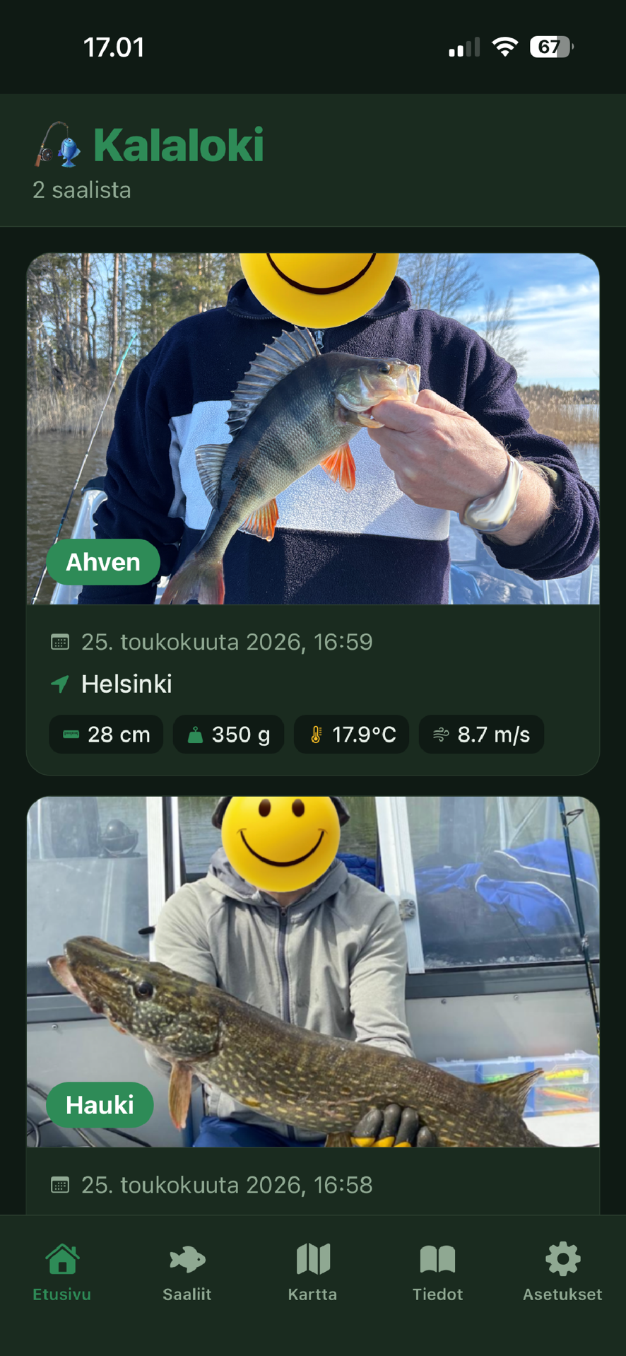 Kalaloki-etusivu ja saaliiden aikajana