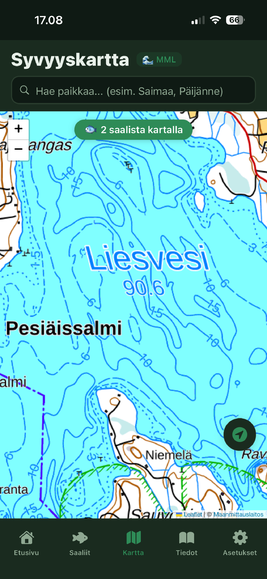 Syvyyskartta ja saaliit kartalla