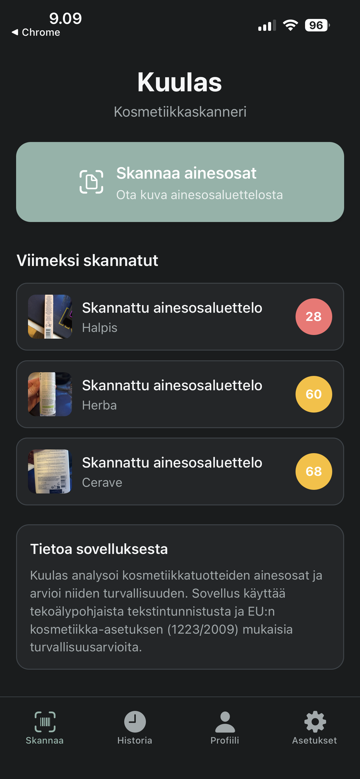 Kuulas kosmetiikkaskanneri sovellusnäkymä