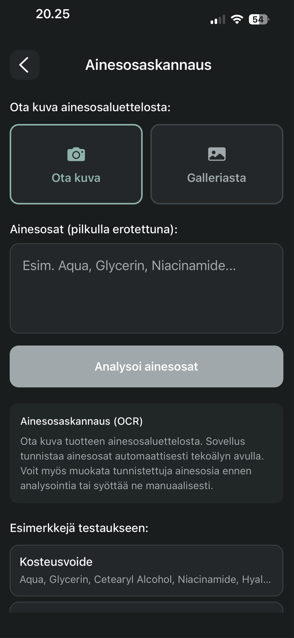 Meikkien ainesosien skannaus kameralla